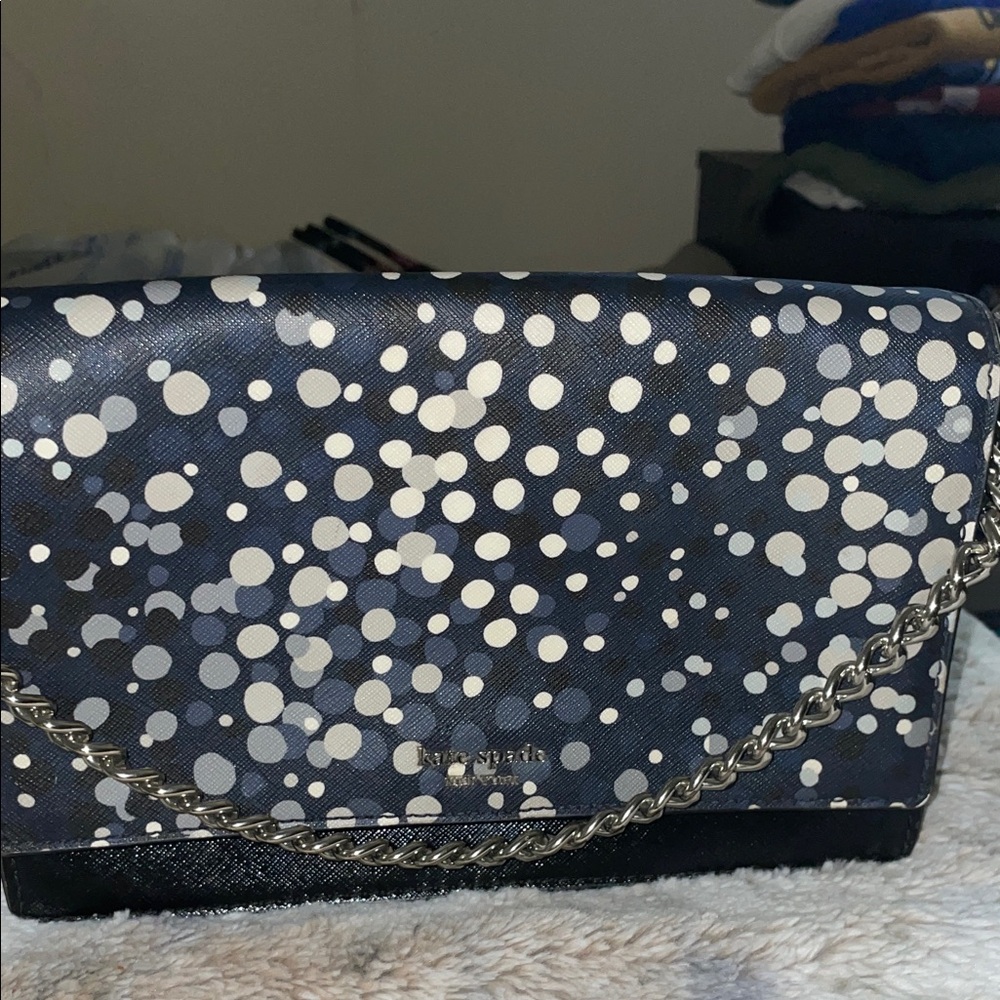 Kate Spade Carson Navy Blue and Silver Chain & Polka Dot Clutch Or Crossbody